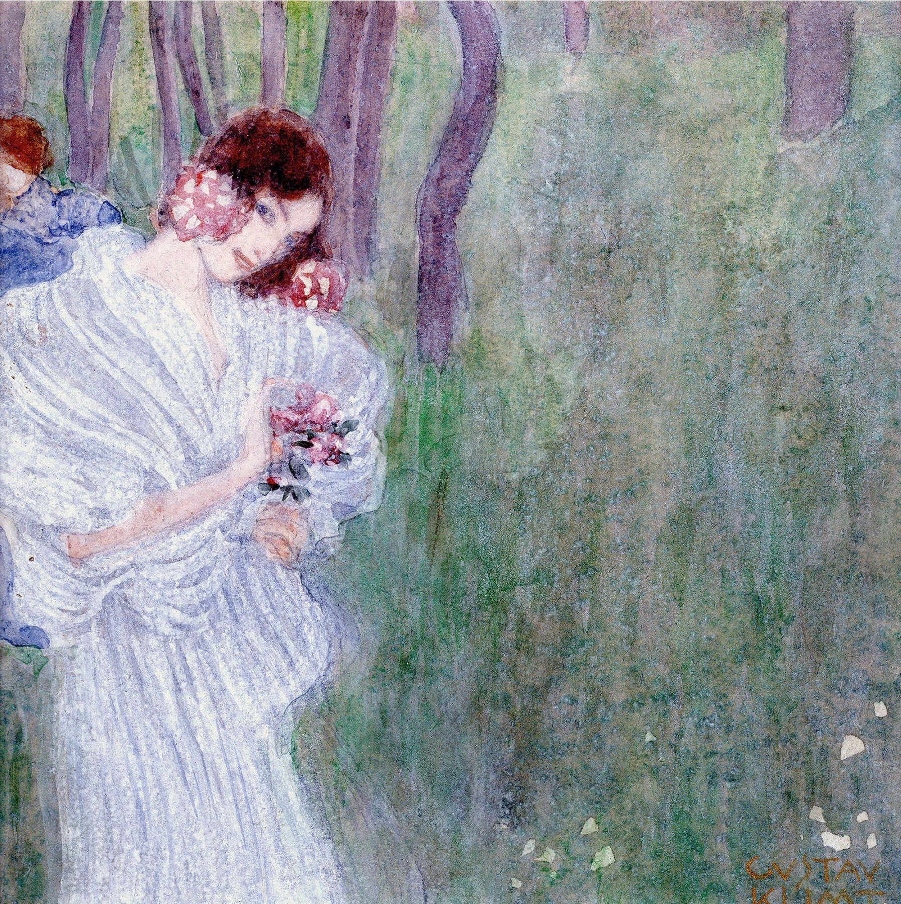 Reproduction du tableau « Jeune fille en robe blanche dans une forêt - Gustav Klimt » par Alpha Reproduction en peinture à l’huile