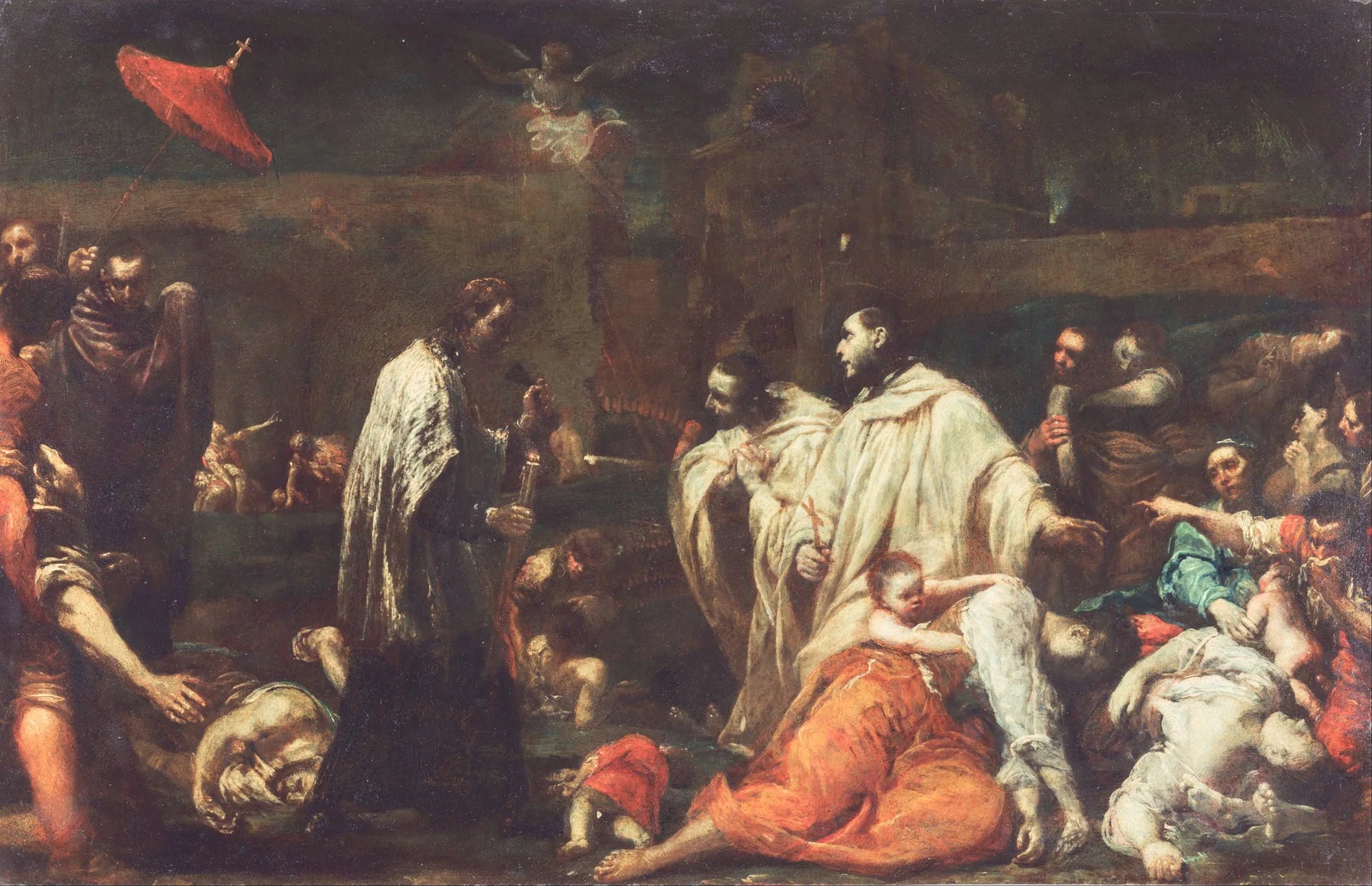 Bienheureux Bernard Tolomei intercédant pour la cessation de la peste à Sienne - Giuseppe Maria Crespi image 1 tableau peint à l’huile sur toile