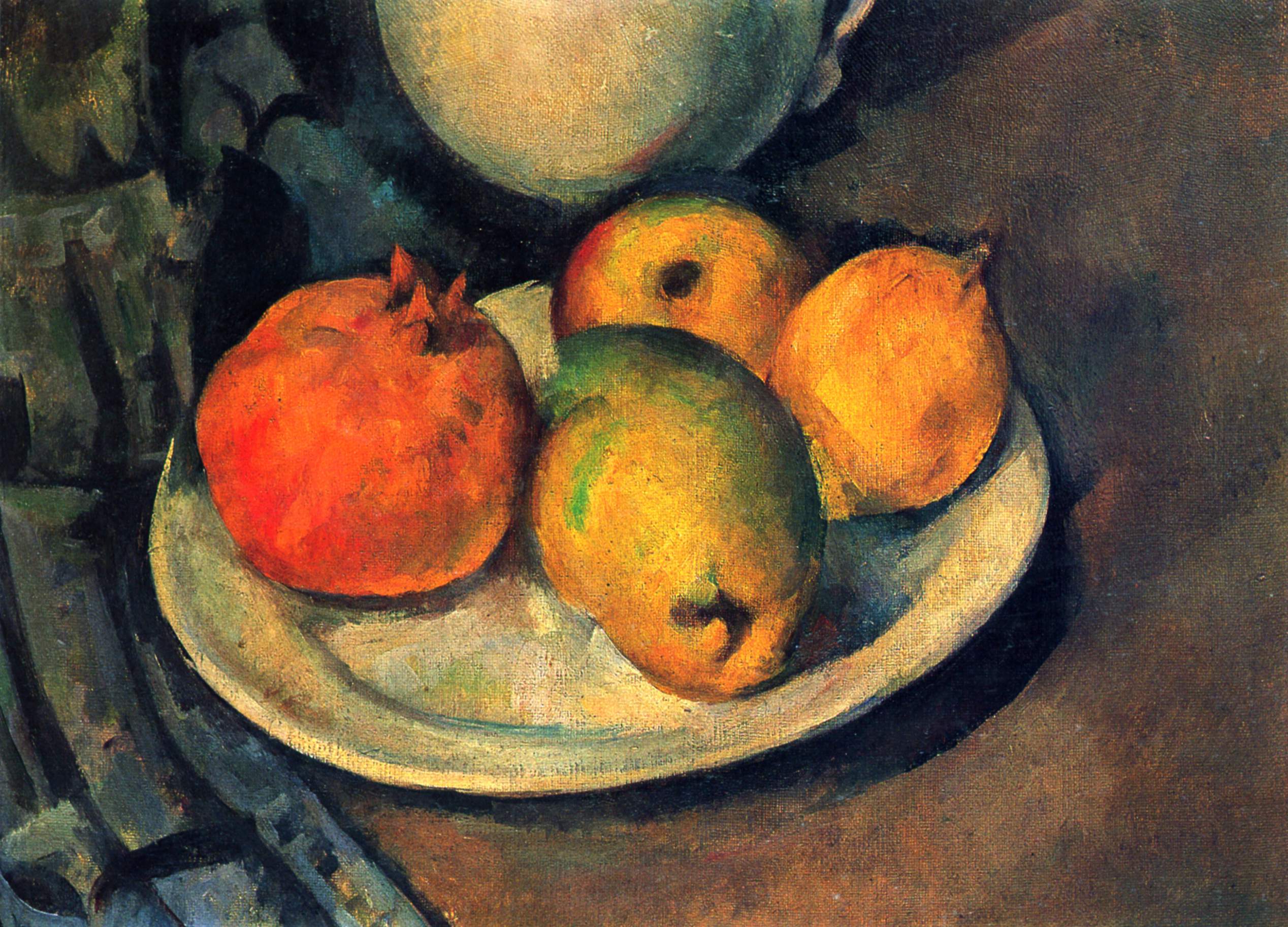 Reproduction du tableau « Grenade et poires dans une assiette - Paul Cézanne » par Alpha Reproduction en peinture à l’huile