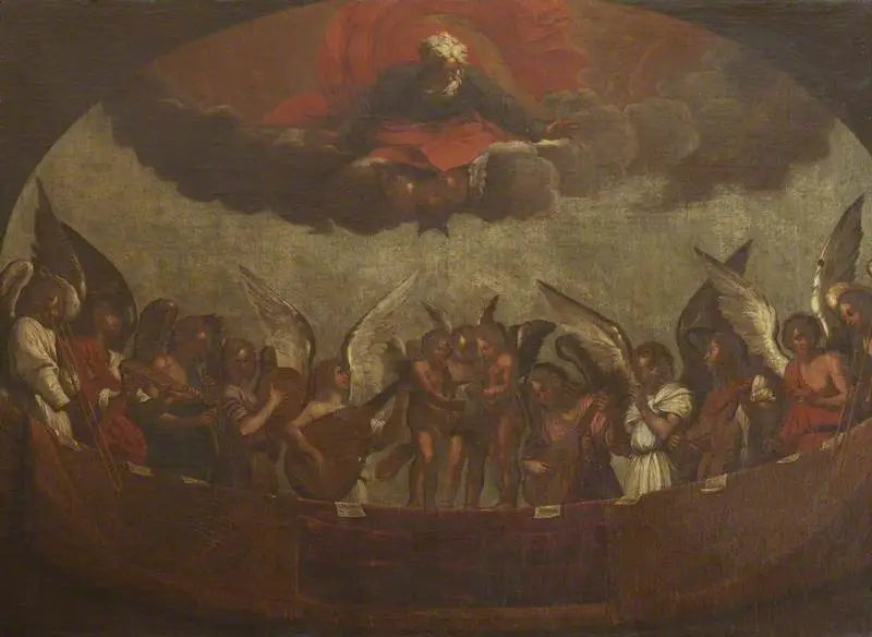 Un chœur d'anges chantant et jouant des instruments de musique avec Dieu le Père au-dessus - Guido Reni