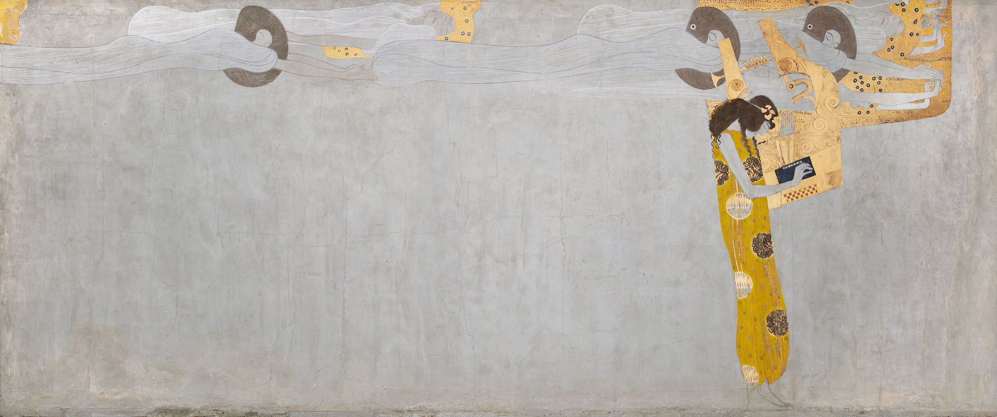 Reproduction du tableau « Frise Beethoven (planche 7, mur de droite) : Le désir de bonheur est apaisé par la poésie - Gustav Klimt » par Alpha Reproduction en peinture à l’huile