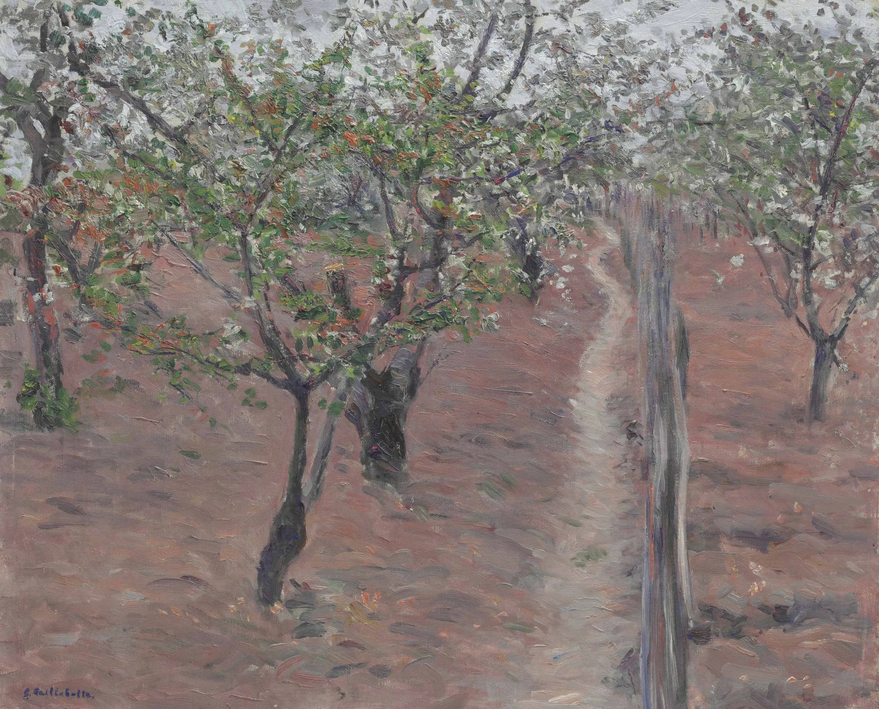 Reproduction du tableau « Verger, arbres en fleurs, Petit Gennevilliers - Gustave Caillebotte » par Alpha Reproduction en peinture à l’huile