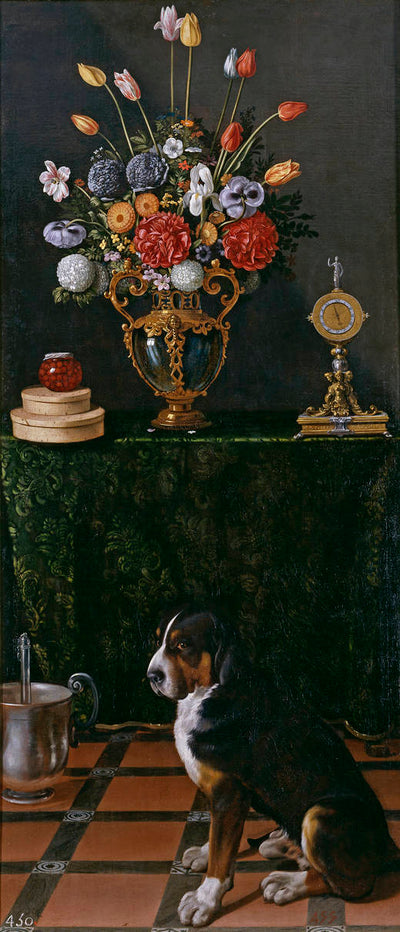 Nature morte avec un vase de fleurs et un chien - Juan van der Hamen