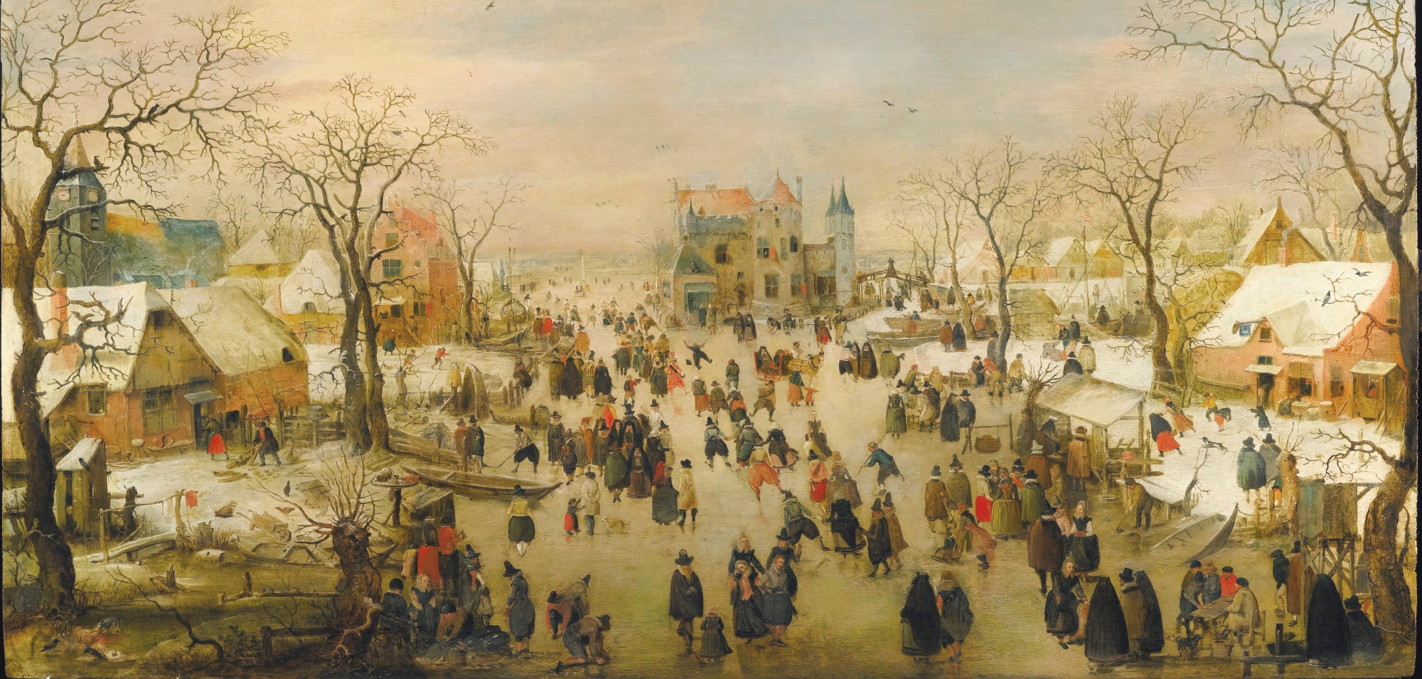 Un paysage hivernal panoramique avec une multitude de silhouettes sur une rivière gelée - Hendrick Avercamp image 1 copie peinte à la main à l’huile