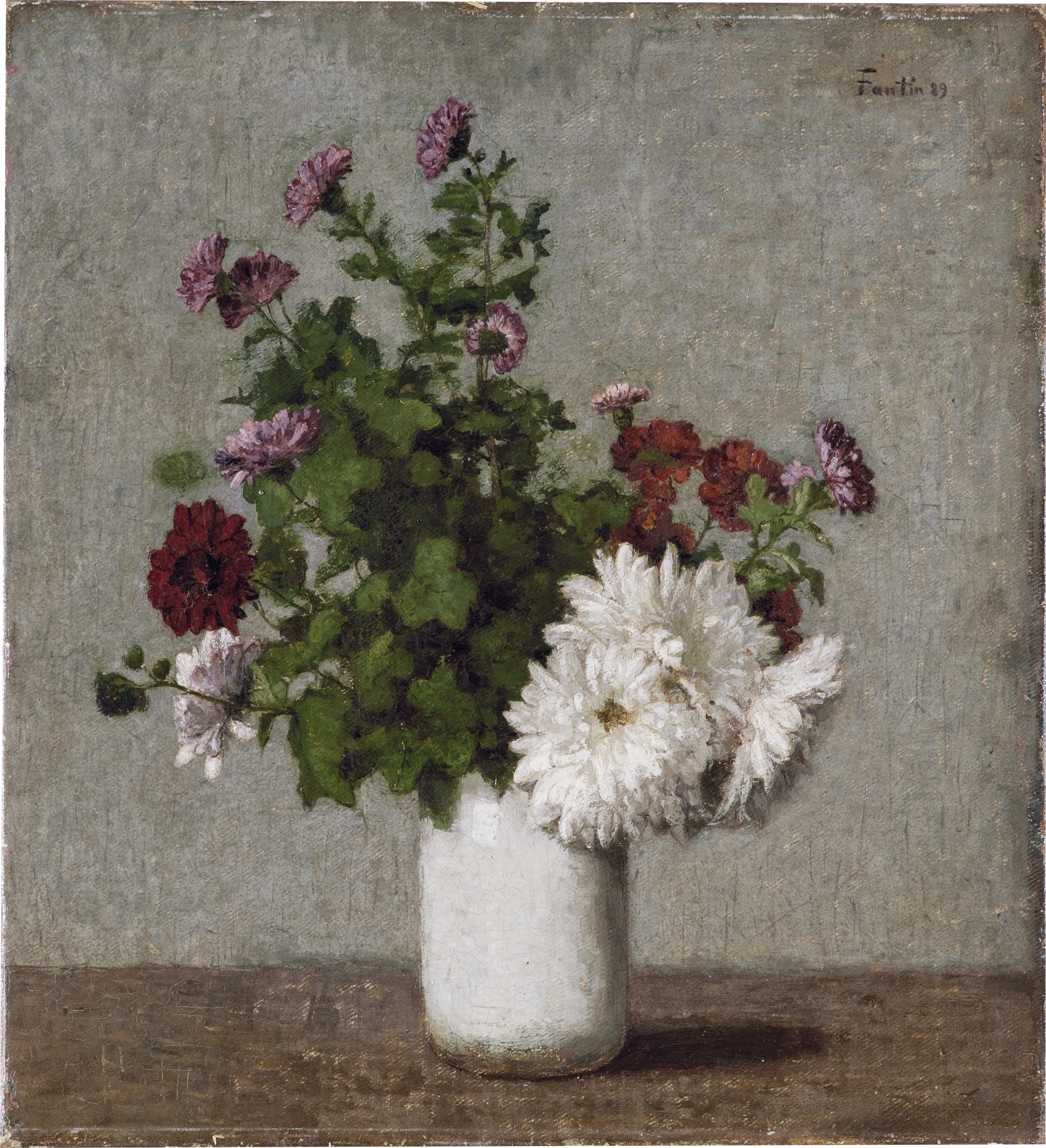Nature morte aux fleurs : chrysanthèmes d'automne dans un vase blanc - Henri Fantin-Latour