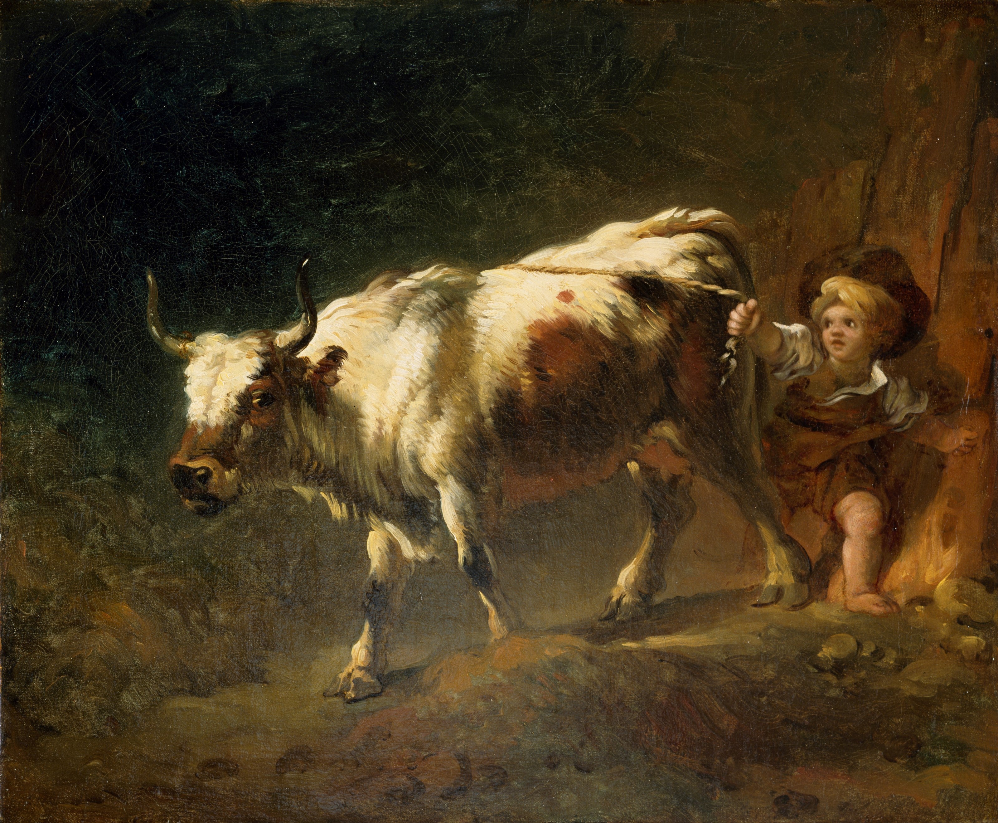Un garçon tente de retenir une vache avec une corde - Jean-Honoré Fragonard