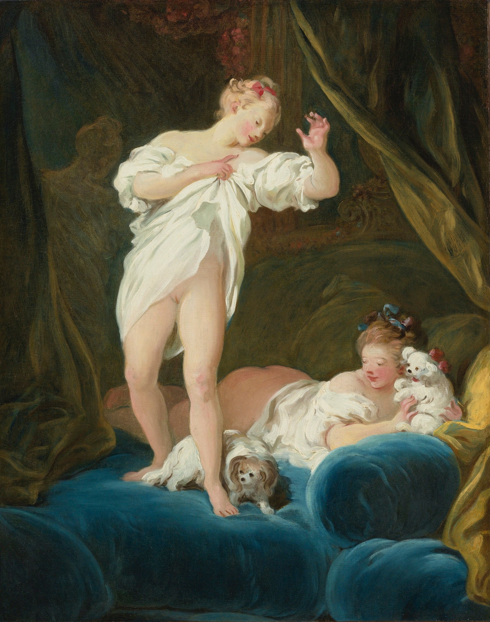 Deux filles sur un lit jouant avec leurs chiens - Jean-Honoré Fragonard