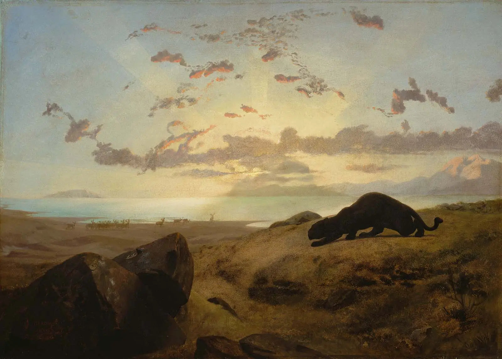 Reproduction du tableau « Panthère noire traquant un troupeau de cerfs - Jean-Léon Gérôme » par Alpha Reproduction en peinture à l’huile