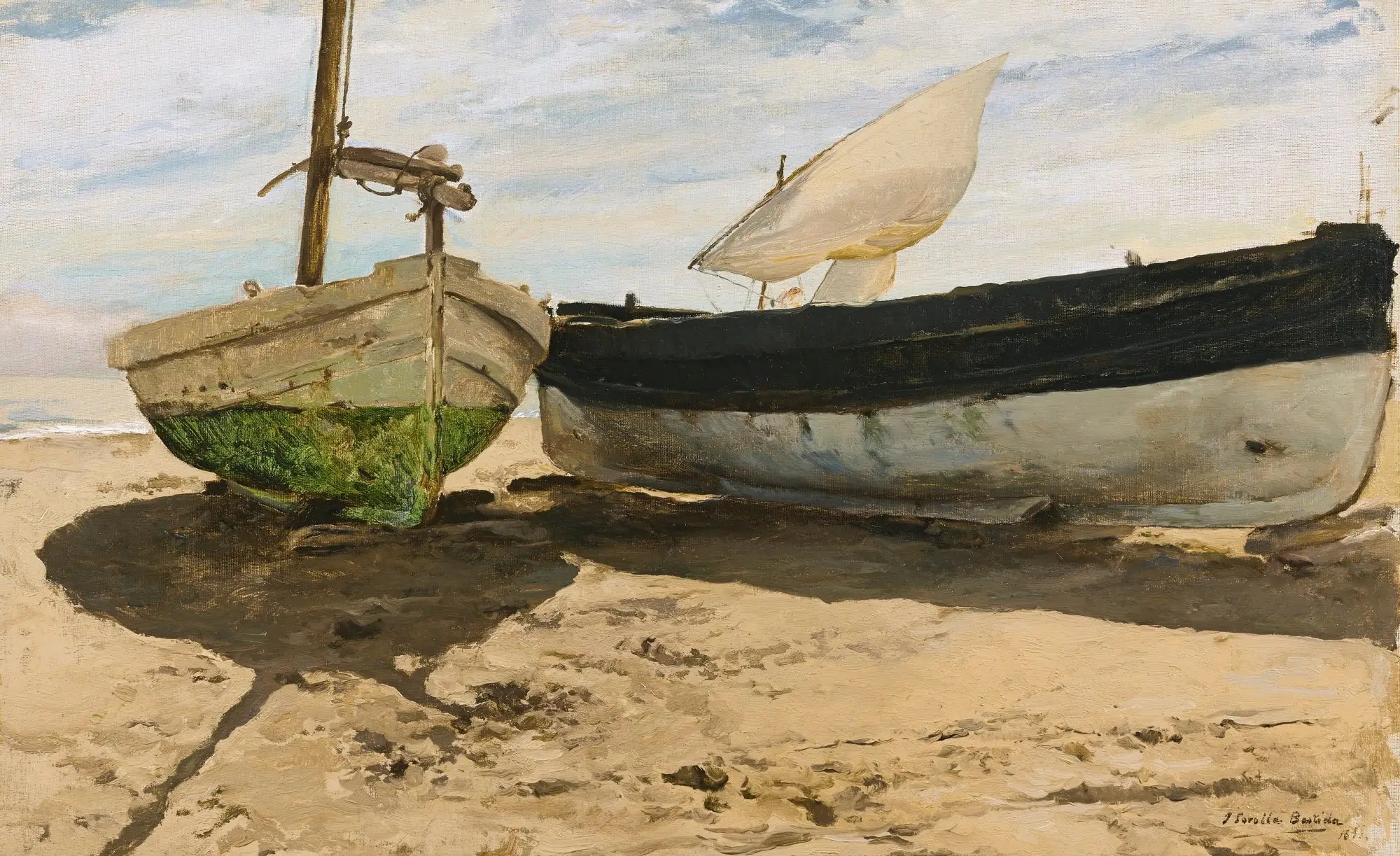 Reproduction du tableau « Bateaux de pêche sur la plage, Valence - Joaquín Sorolla » par Alpha Reproduction en peinture à l’huile