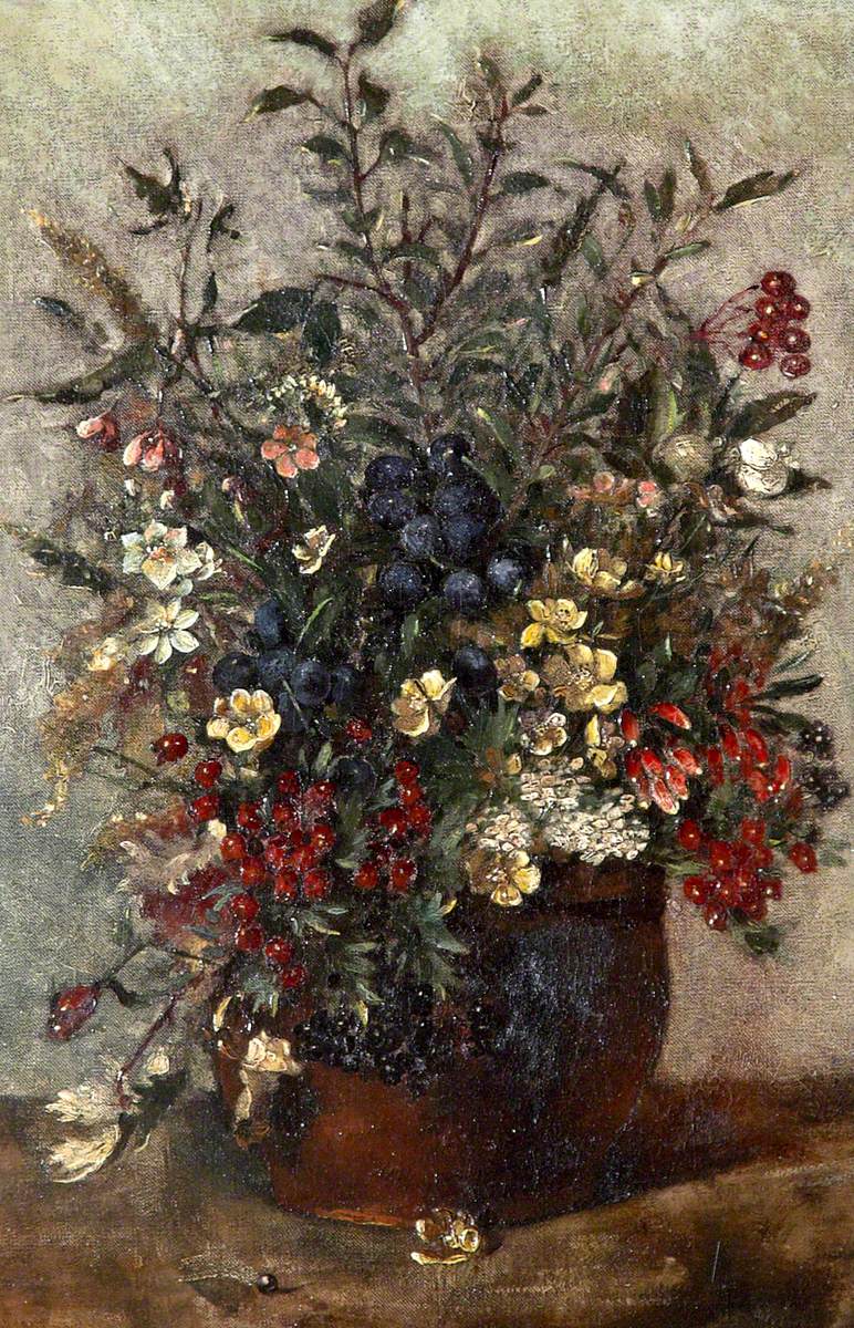 Fleurs des champs et baies dans un pot marron - John Constable