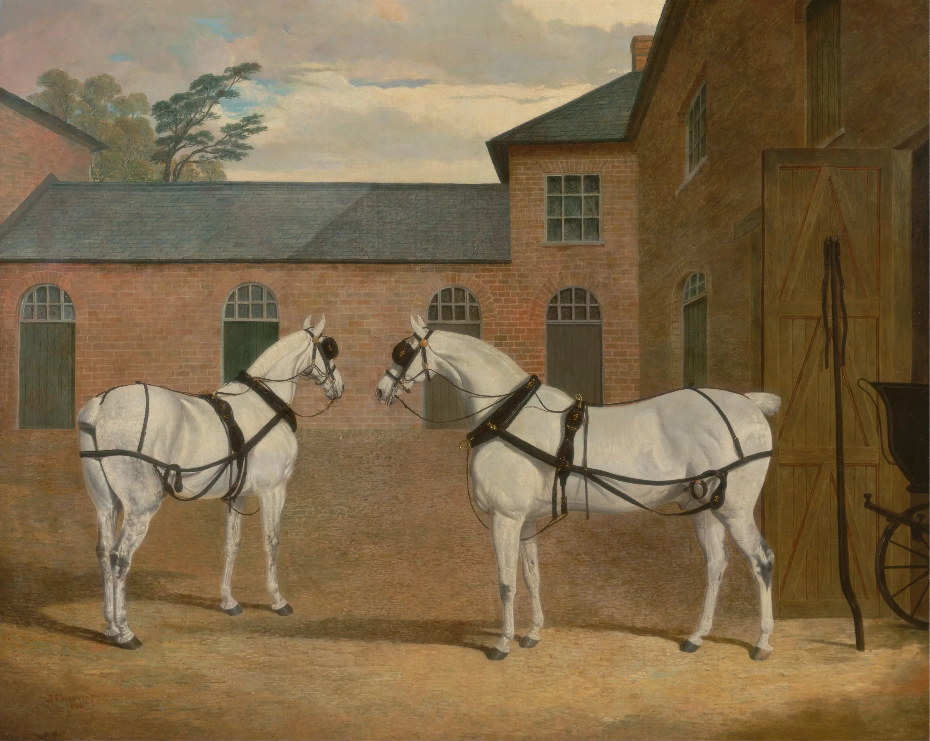 Chevaux de calèche gris dans la cour des carrosses de Putteridge Bury Hertfordshire - John Frederick Herring Sr.