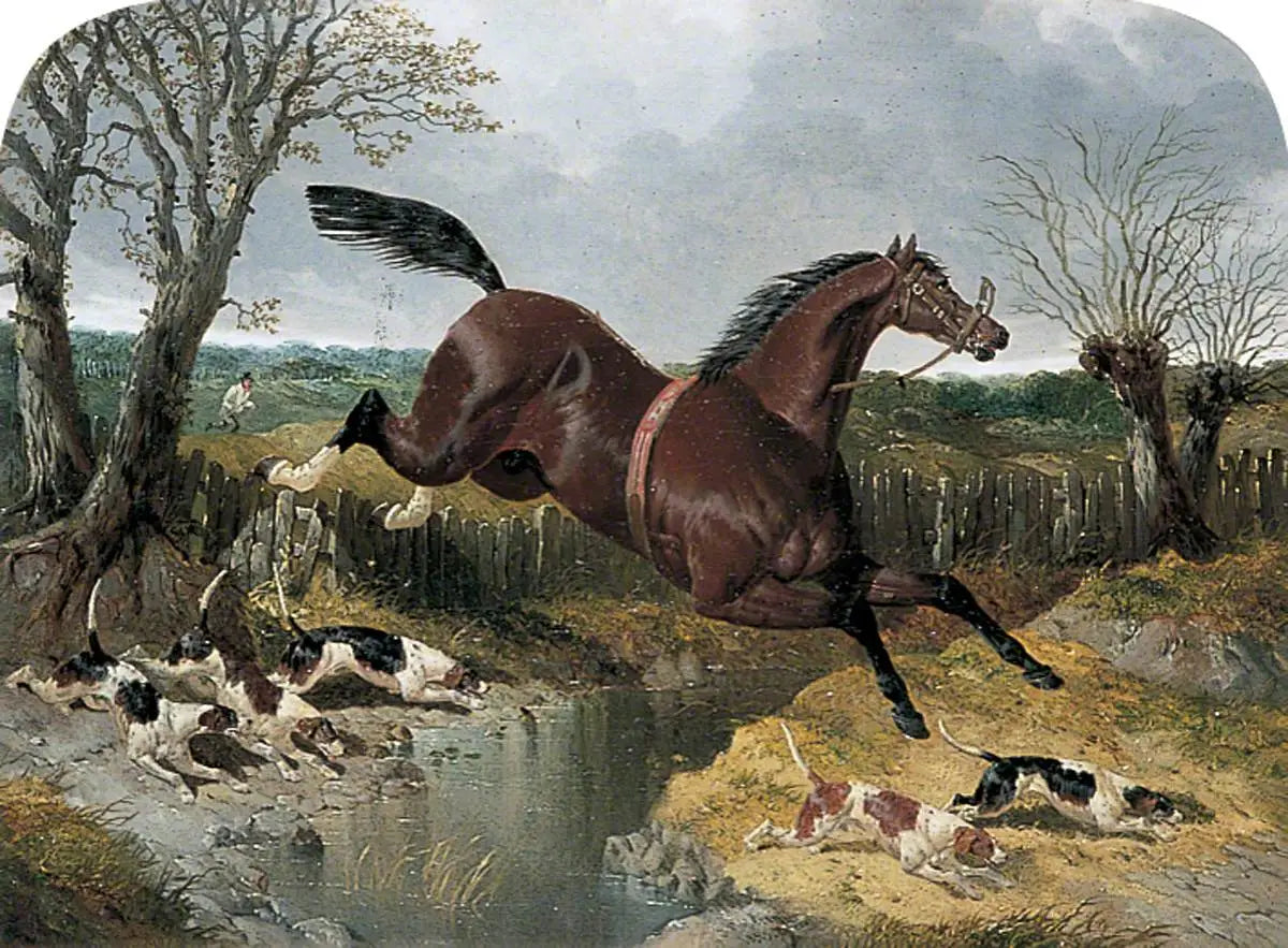 Cheval alezan fugueur avec des beagles - John Frederick Herring Sr. - Alpha Reproduction