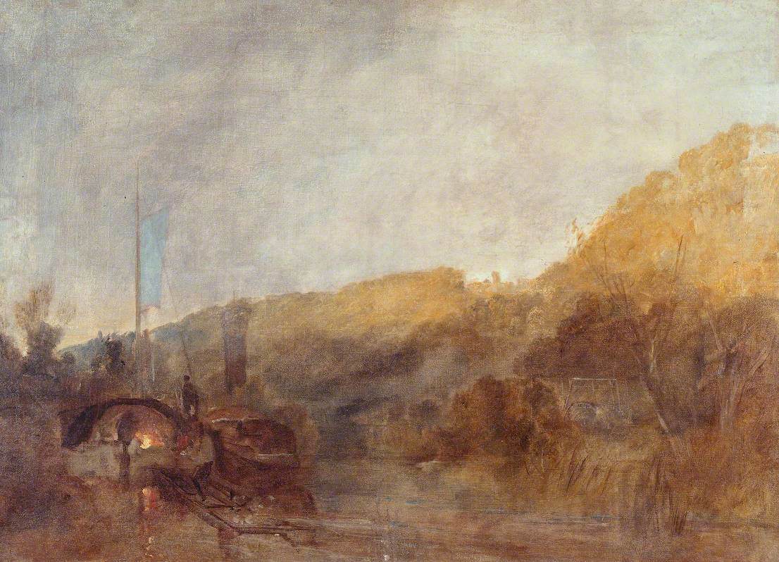 Reproduction du tableau « Barge on the River, Sunset - J. M. W. Turner » par Alpha Reproduction en peinture à l’huile