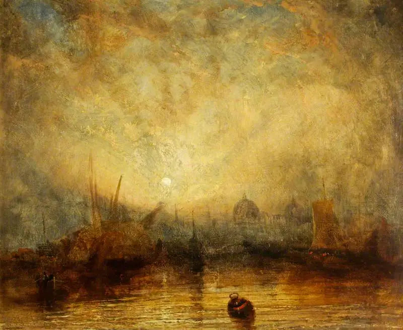 Reproduction du tableau « Sailing and Other Vessels at Sunset with a View towards the Domes of a City (probably Venice) - J. M. W. Turner » par Alpha Reproduction en peinture à l’huile