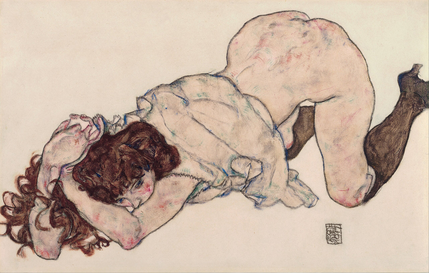 ✨ Jeune fille agenouillée, appuyée sur les coudes – Egon Schiele (1917)