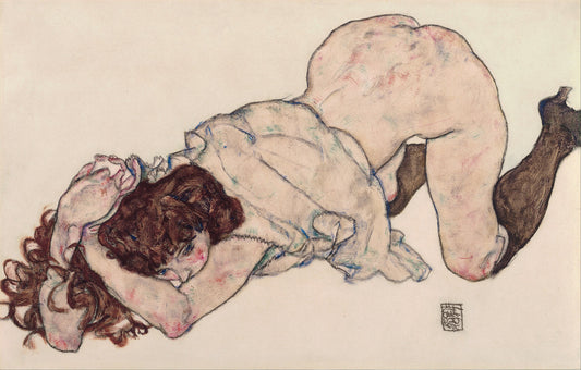 ✨ Jeune fille agenouillée, appuyée sur les coudes – Egon Schiele (1917)
