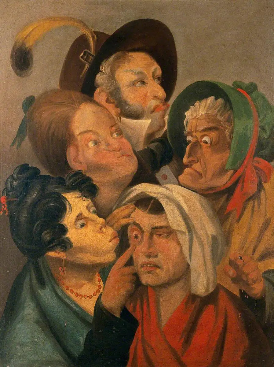 Une femme examine l’œil douloureux d’une autre femme tandis qu’un homme et d’autres femmes se tiennent à côté