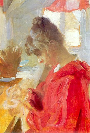 Marie est assise à une table en train de coudre - Peder Severin Krøyer