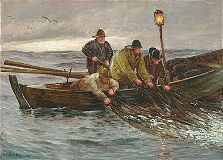Des pêcheurs traînent les filets depuis leur barque. - Michael Peter Ancher