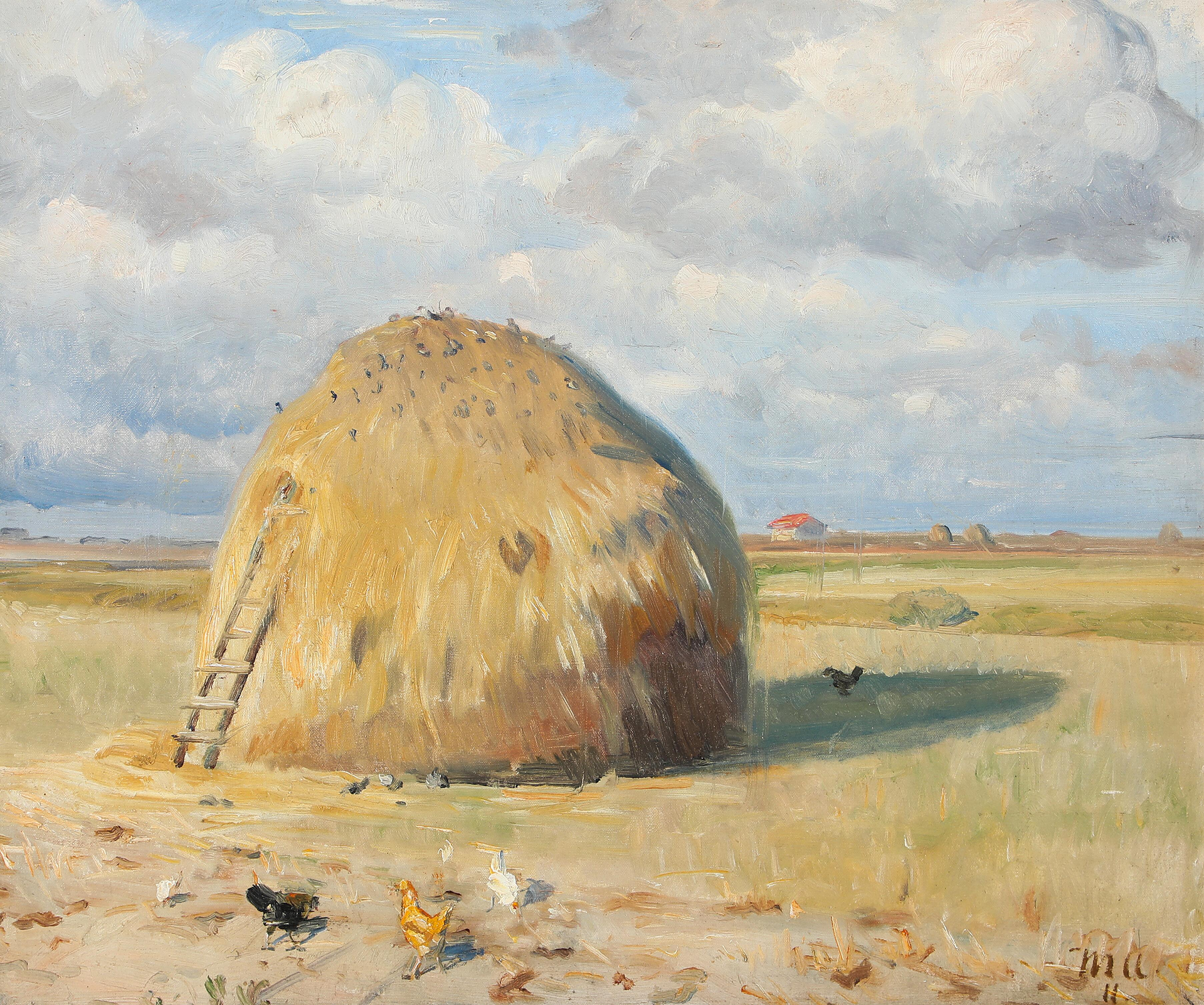 Une journée d'été à Skagen avec des poules près d'une meule de foin. - Michael Peter Ancher image 1 reproduction de peinture à l’huile