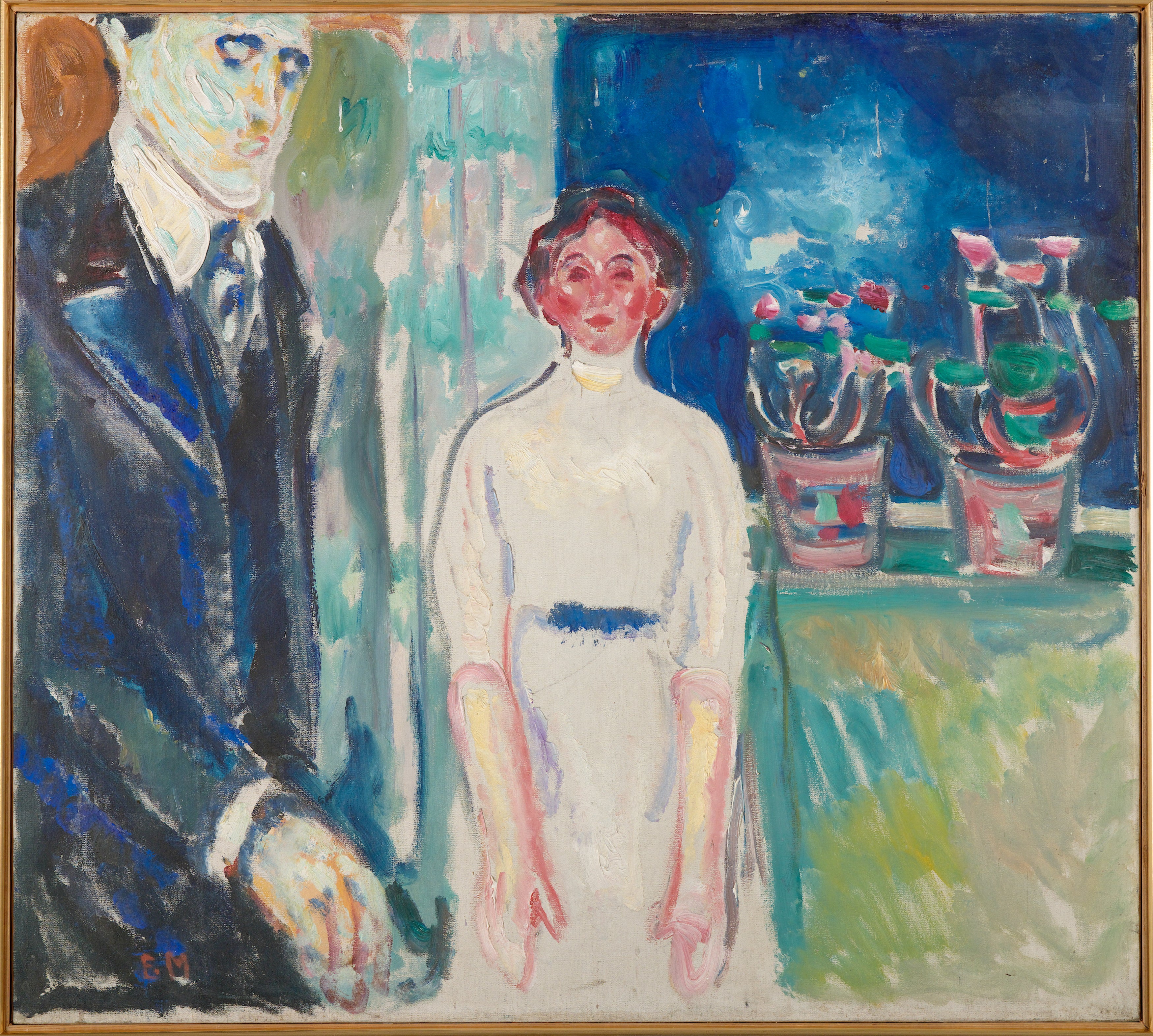 Reproduction du tableau « Homme et Femme près de la fenêtre avec des plantes en pot - Edvard Munch » par Alpha Reproduction en peinture à l’huile