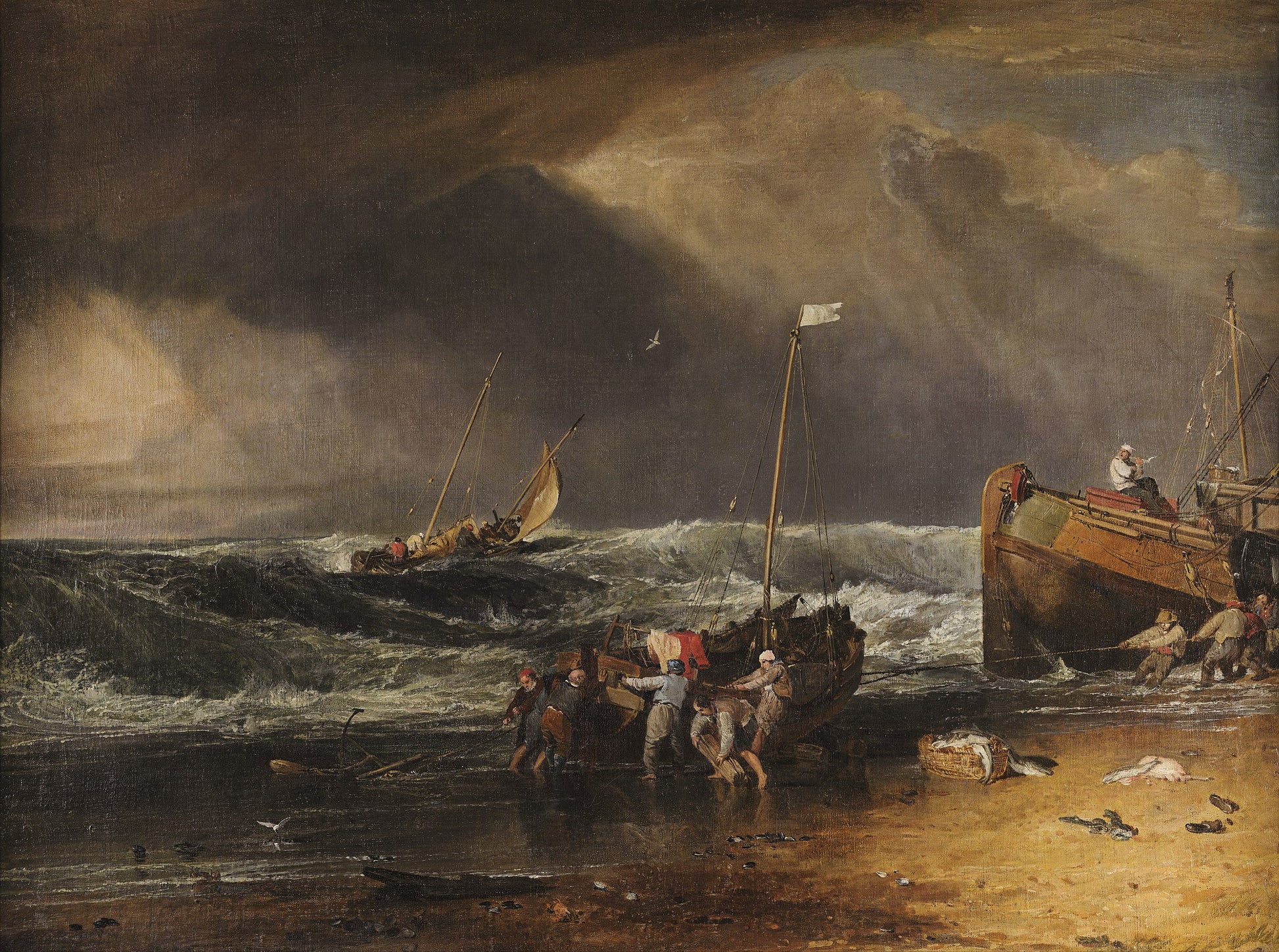 A Coast Scene with Fishermen Hauling a Boat Ashore - J. M. W. Turner