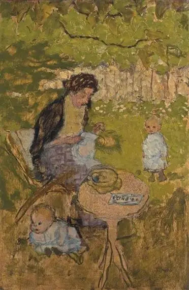 Femme cousant dans un jardin (avec enfants) - Pierre Bonnard