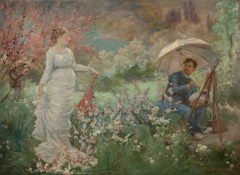 Le peintre et son modèle dans un jardin fleuri - Marie Bracquemond