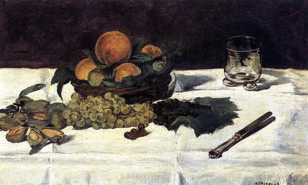 Reproduction du tableau « Nature morte au verre et fruits - Édouard Manet » par Alpha Reproduction en peinture à l’huile