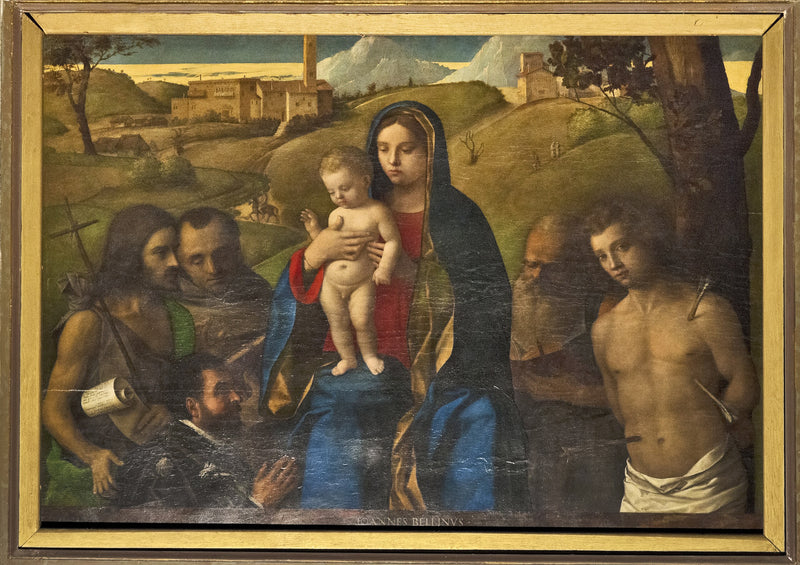 Vierge à l'Enfant avec quatre saints (Jean-Baptiste, Francis, Jérôme et Sébastien (de gauche à droite)) et le Donateur - Giovanni Bellini