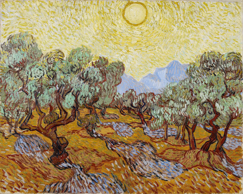 Oliviers avec ciel jaune et soleil - Vincent van Gogh