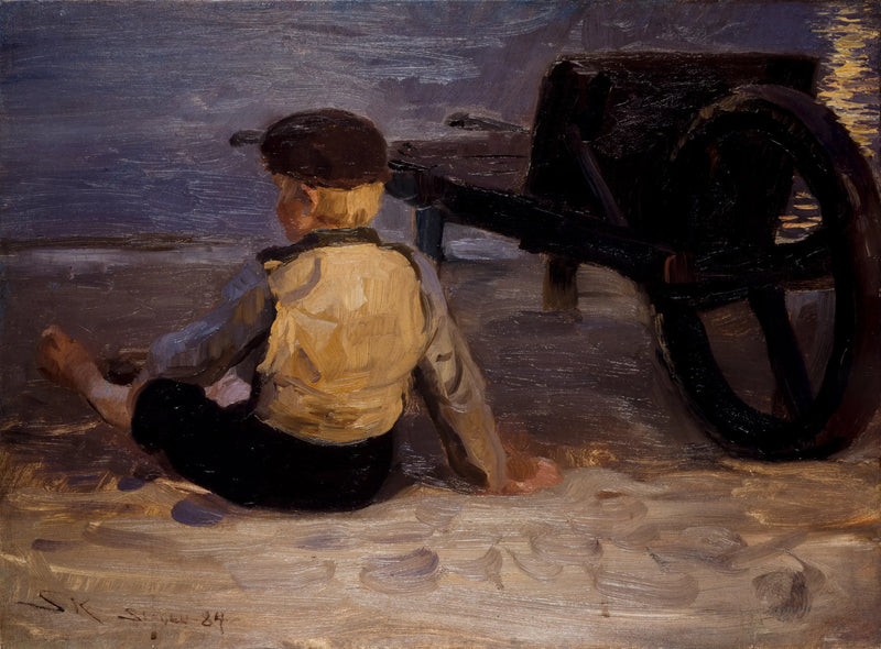 Jeune pêcheur assis à côté d'une brouette. Plage sud de Skagen. - Peder Severin Krøyer