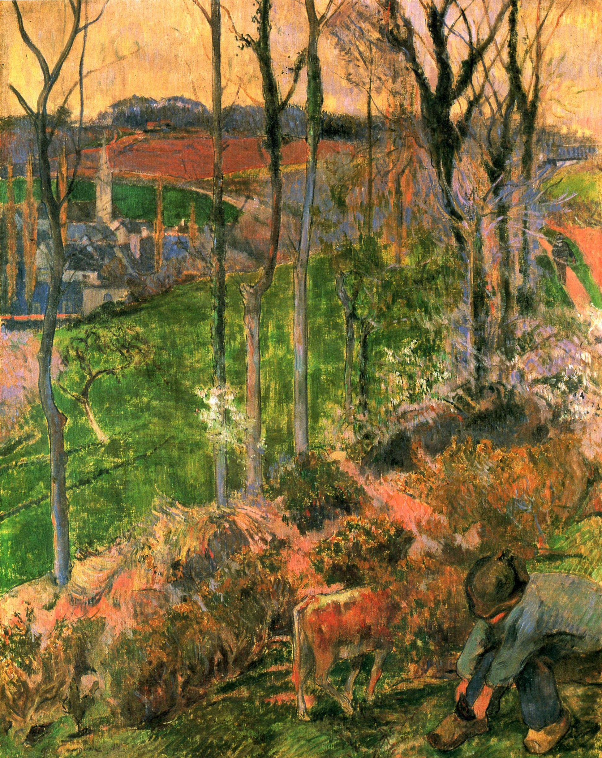 Reproduction du tableau « Fin d'hiver à Pont-Aven, breton et veau; ou Petit Breton arrangeur son sabot - Paul Gauguin » par Alpha Reproduction en peinture à l’huile