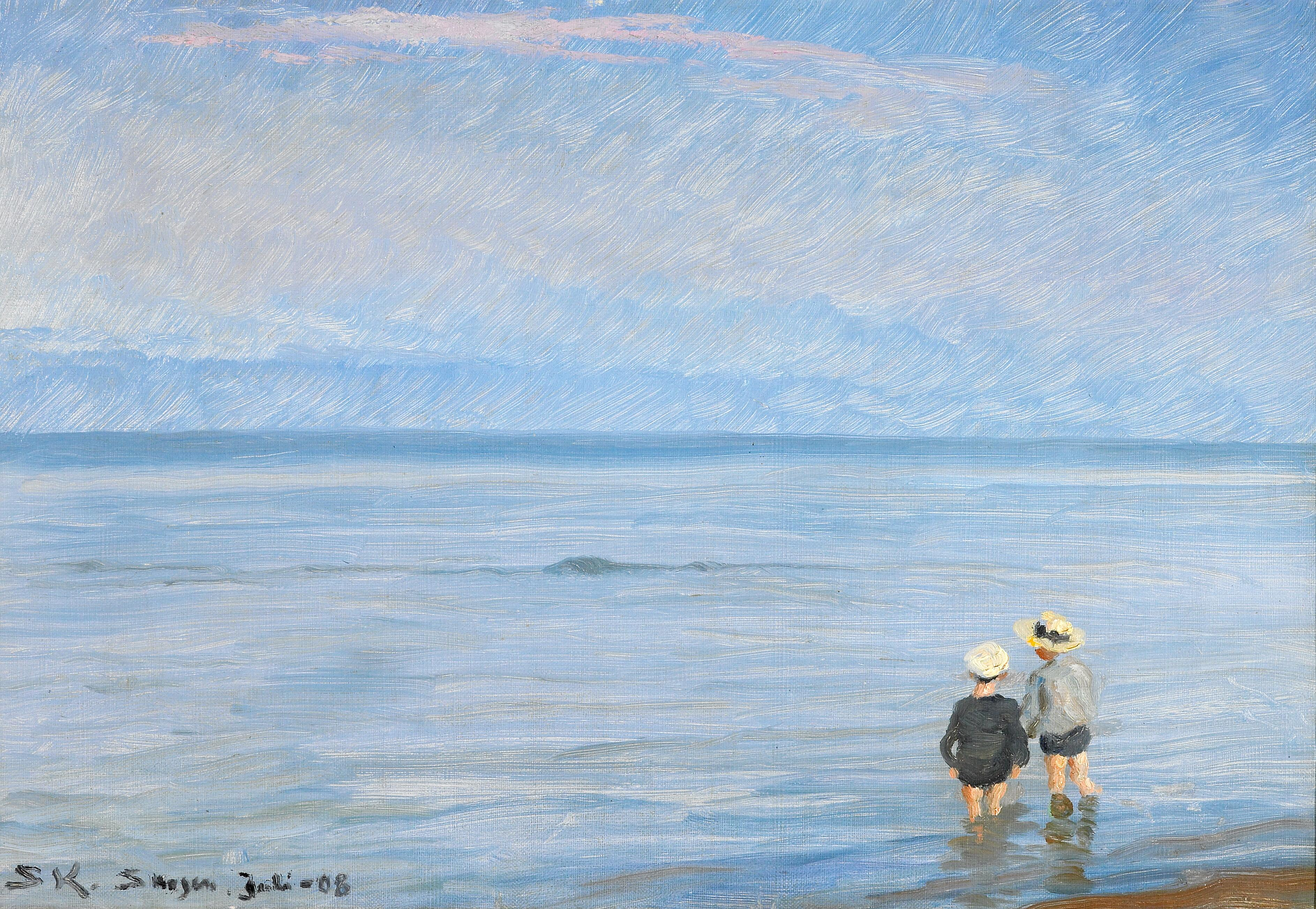 L'heure bleue. Deux enfants pagayant sur la plage de Skagen. - Peder Severin Krøyer