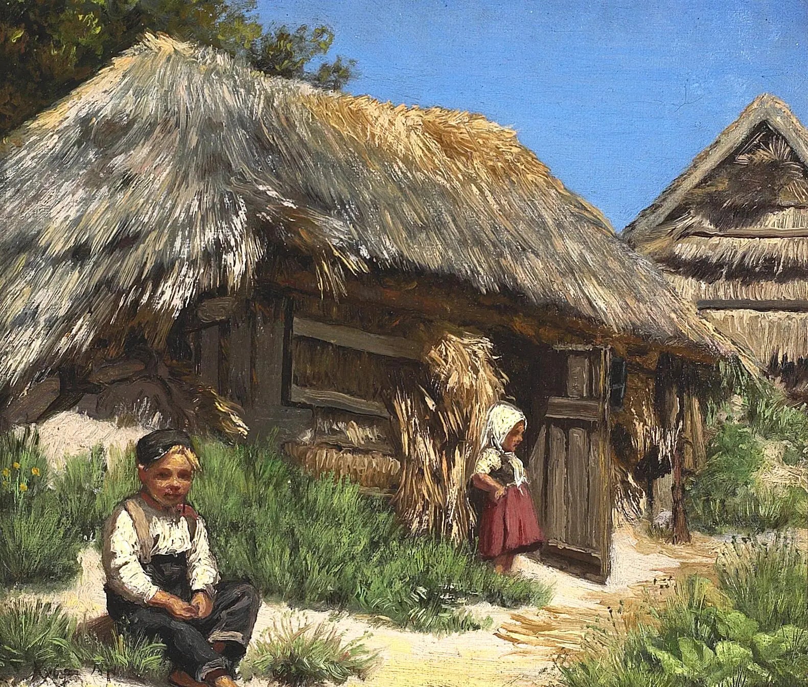 Une maison au toit de chaume. Journée d’été sous un ciel bleu et chaud. Organisée avec deux enfants. - Peder Severin