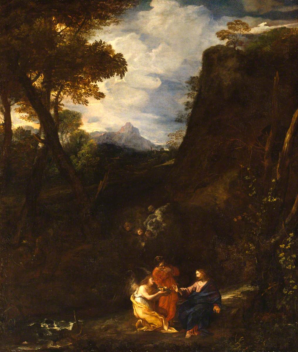 Paysage avec le Christ et deux anges - Pier Francesco Mola image 1 reproduction d’œuvre d’art à l’huile