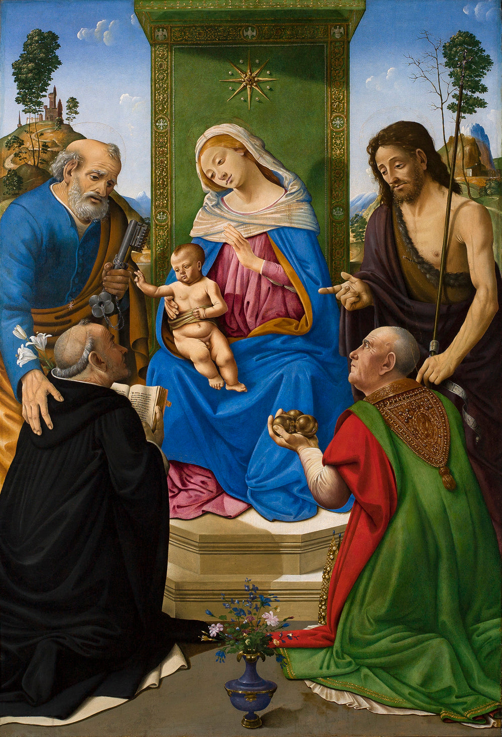 Vierge à l'Enfant trônant avec saint Pierre, saint Jean-Baptiste, saint Dominique et saint Nicolas de Bari - Piero di Cosimo