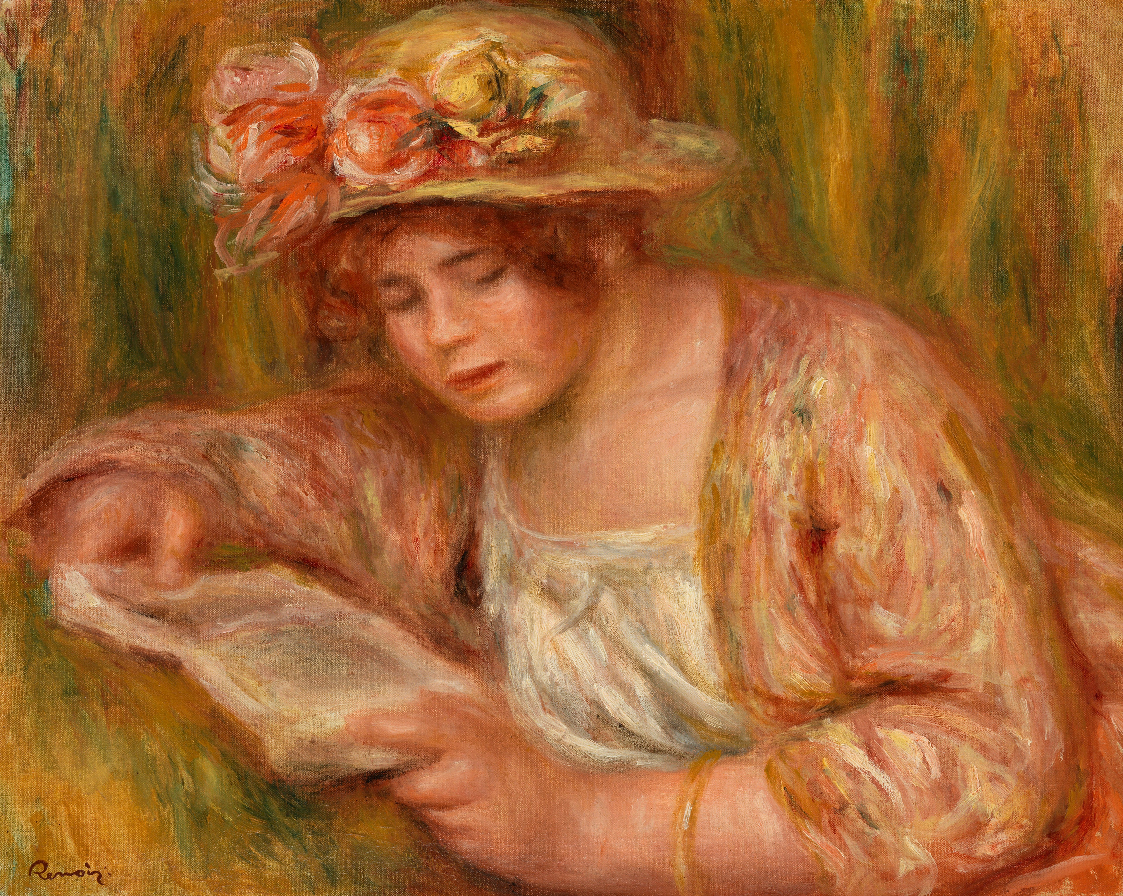 Reproduction du tableau « Andrée in a Hat, Reading (Andrée en chapeau, lisant) - Pierre-Auguste Renoir » par Alpha Reproduction en peinture à l’huile