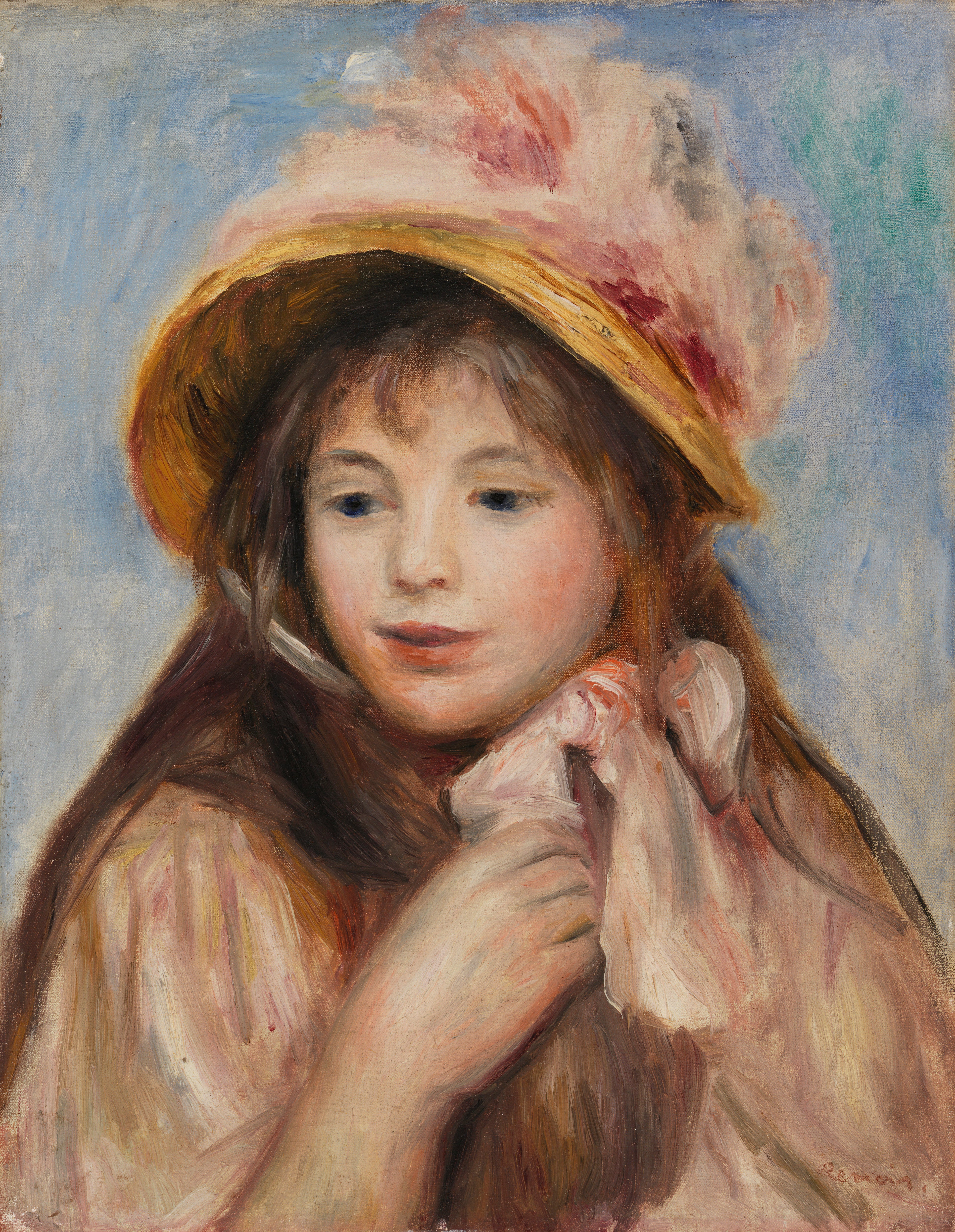 Reproduction du tableau « Fille au bonnet rose (Jeune fille au chapeau rose) - Pierre-Auguste Renoir » par Alpha Reproduction en peinture à l’huile