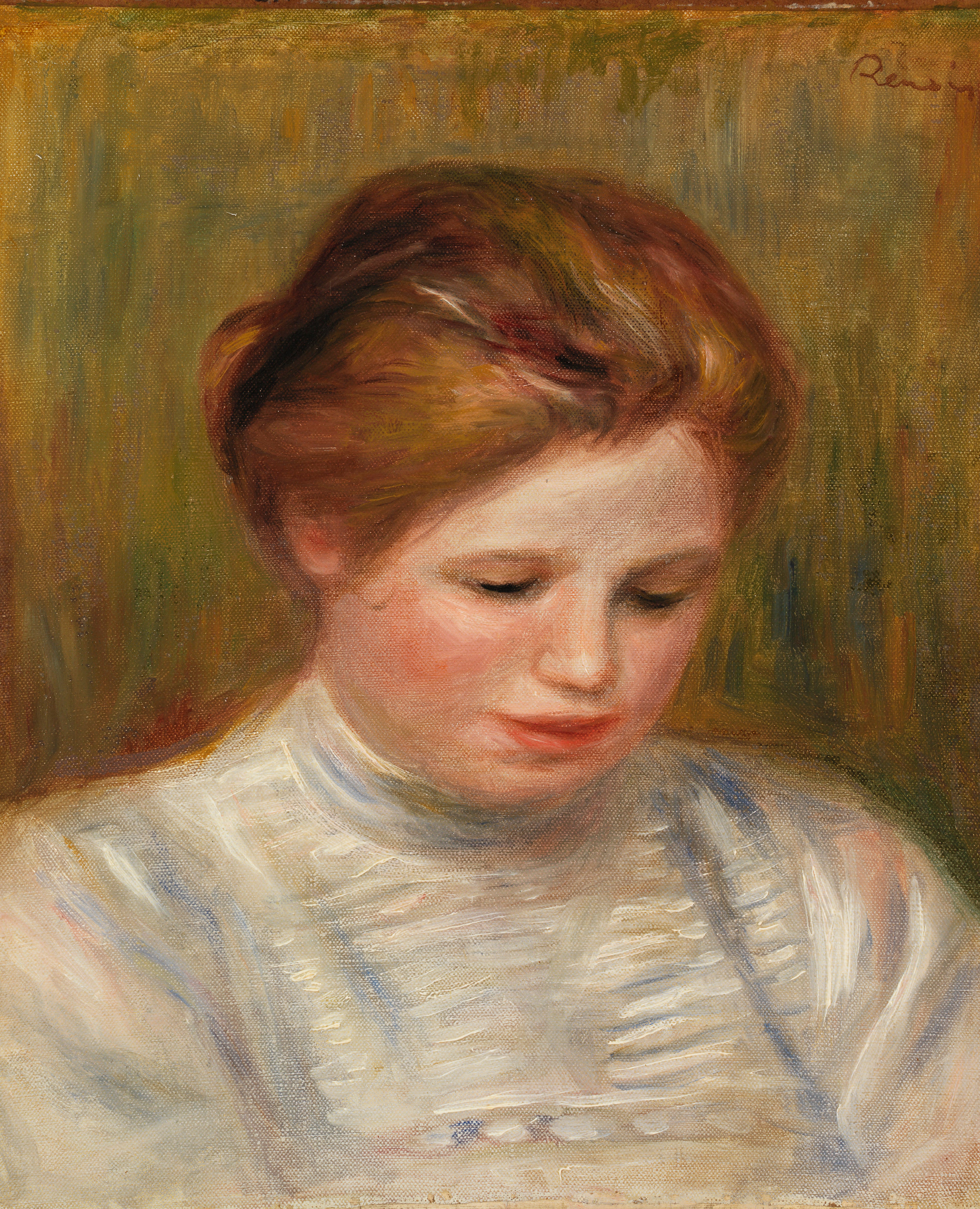 Reproduction du tableau « Tête (Tête); aussi appelé Etude de brodeuse - Pierre-Auguste Renoir » par Alpha Reproduction en peinture à l’huile