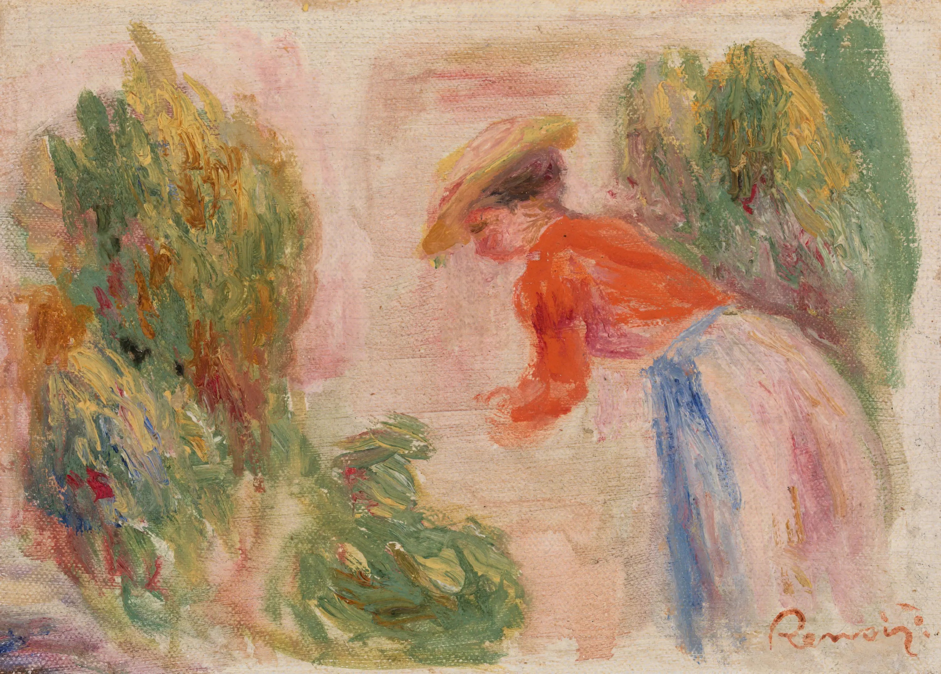 Reproduction du tableau « Femme cueillant des fleurs (Femme cueillant des fleurs) - Pierre-Auguste Renoir » par Alpha Reproduction en peinture à l’huile
