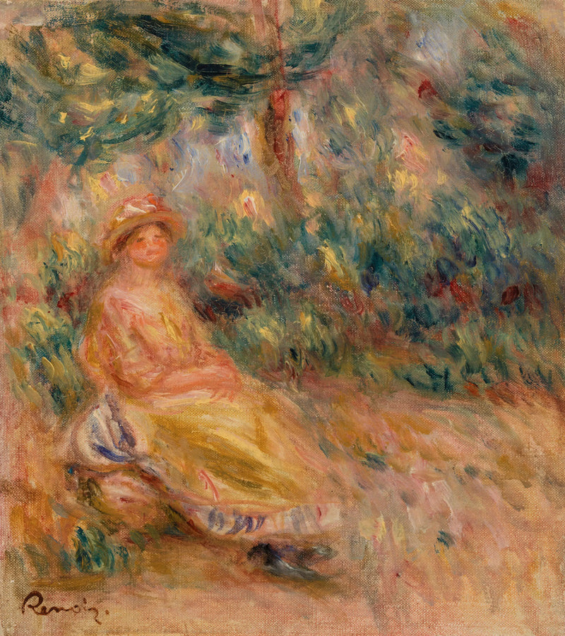 Femme en rose et jaune dans un paysage - Pierre-Auguste Renoir