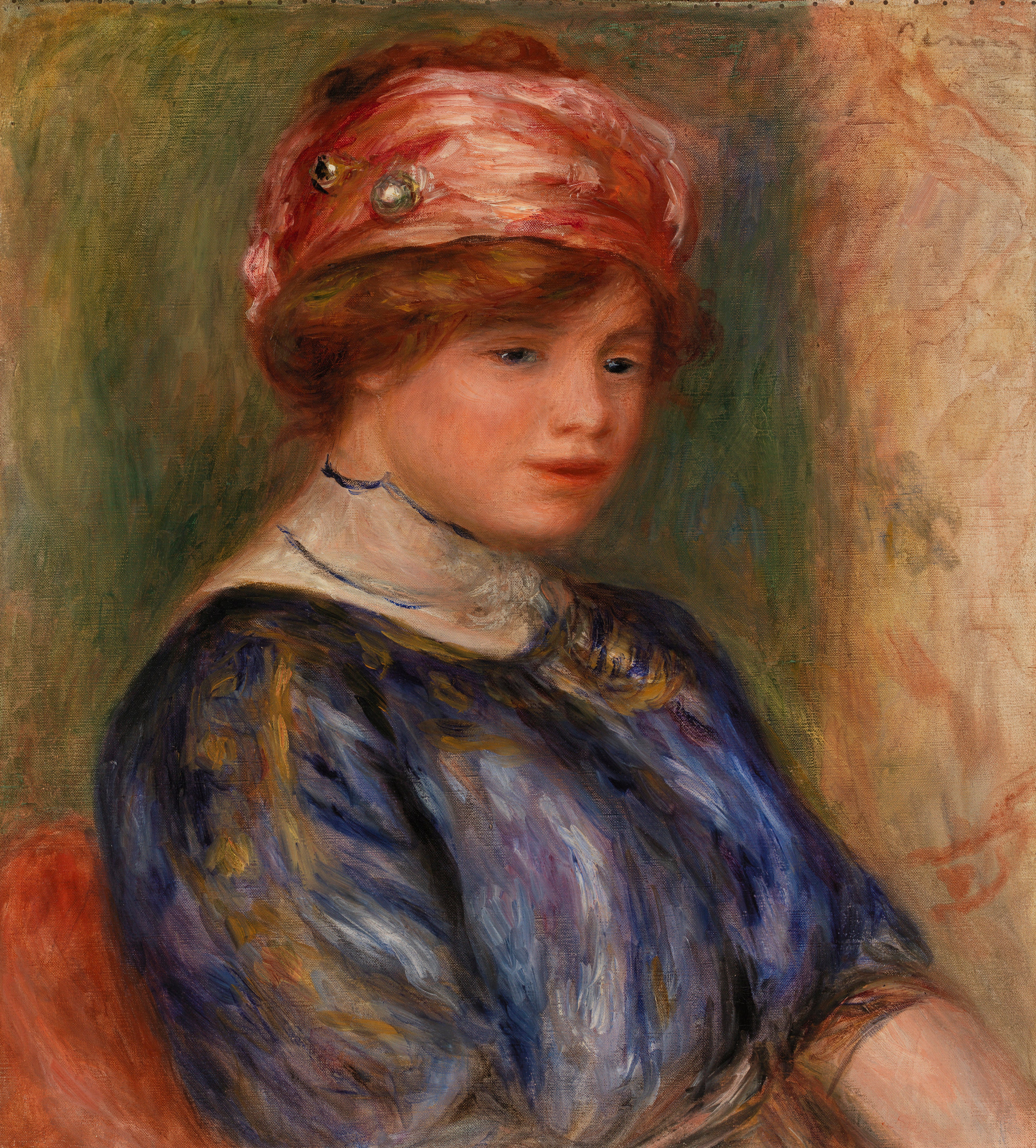 Reproduction du tableau « Jeune femme en bleu, buste (Jeune femme en corsage bleu, buste) - Pierre-Auguste Renoir » par Alpha Reproduction en peinture à l’huile