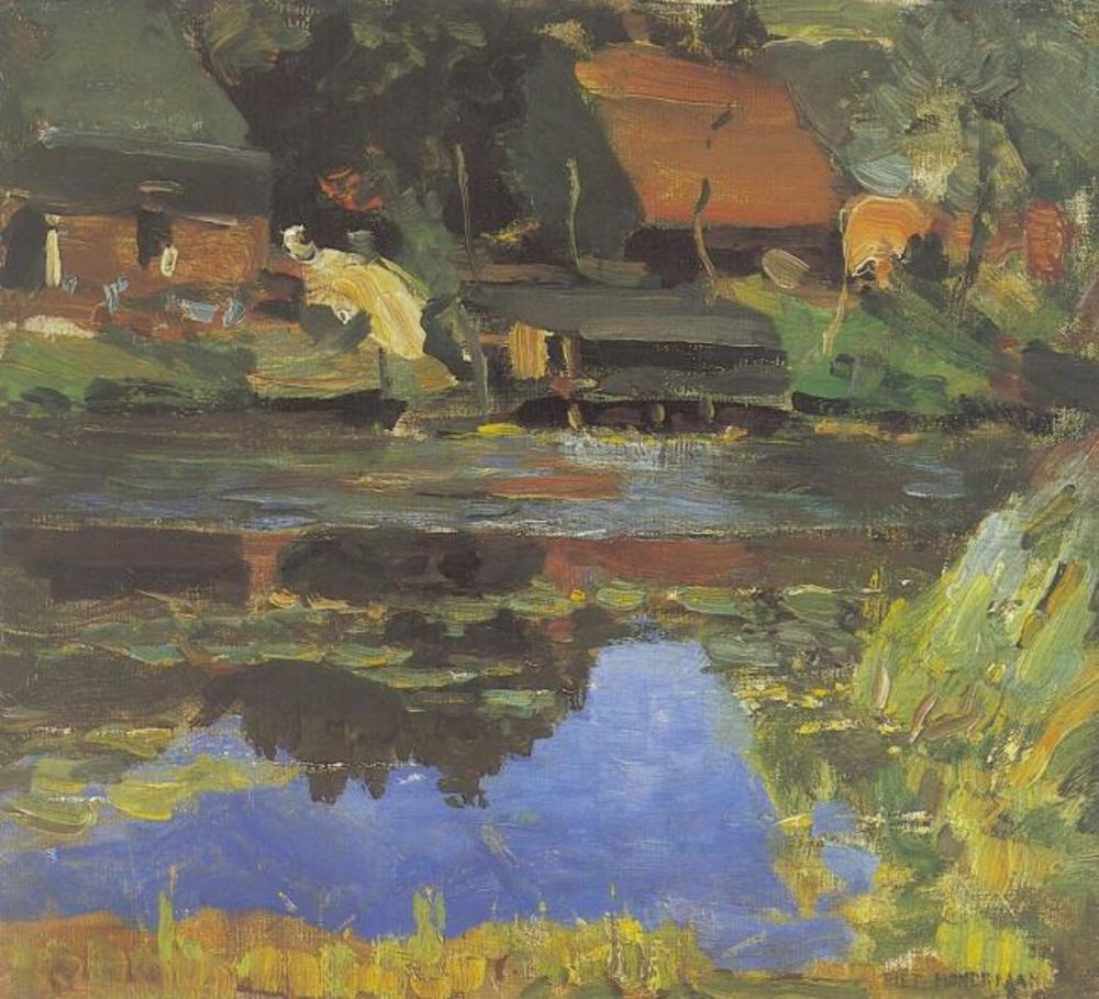 Reproduction du tableau « Bâtiments au bord de l'eau avec un lavoir - Piet Mondrian » par Alpha Reproduction en peinture à l’huile