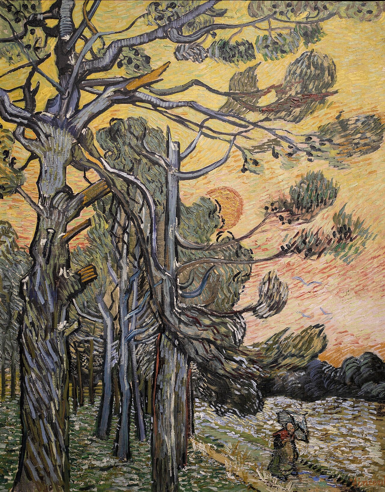 Pins contre un ciel rouge avec soleil couchant - Vincent van Gogh