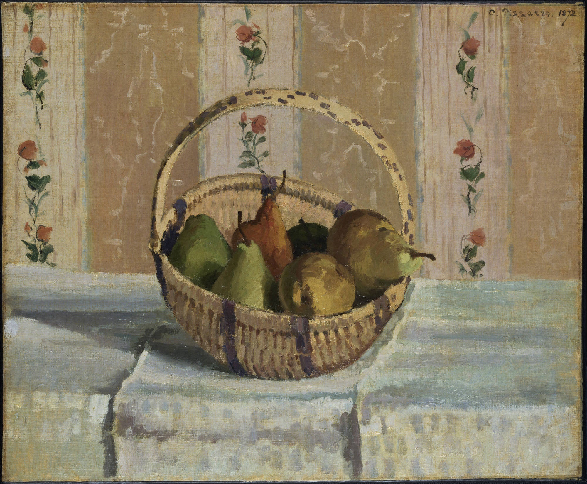 Reproduction du tableau « Nature morte : pommes et poires dans un panier rond - Camille Pissarro » par Alpha Reproduction en peinture à l’huile