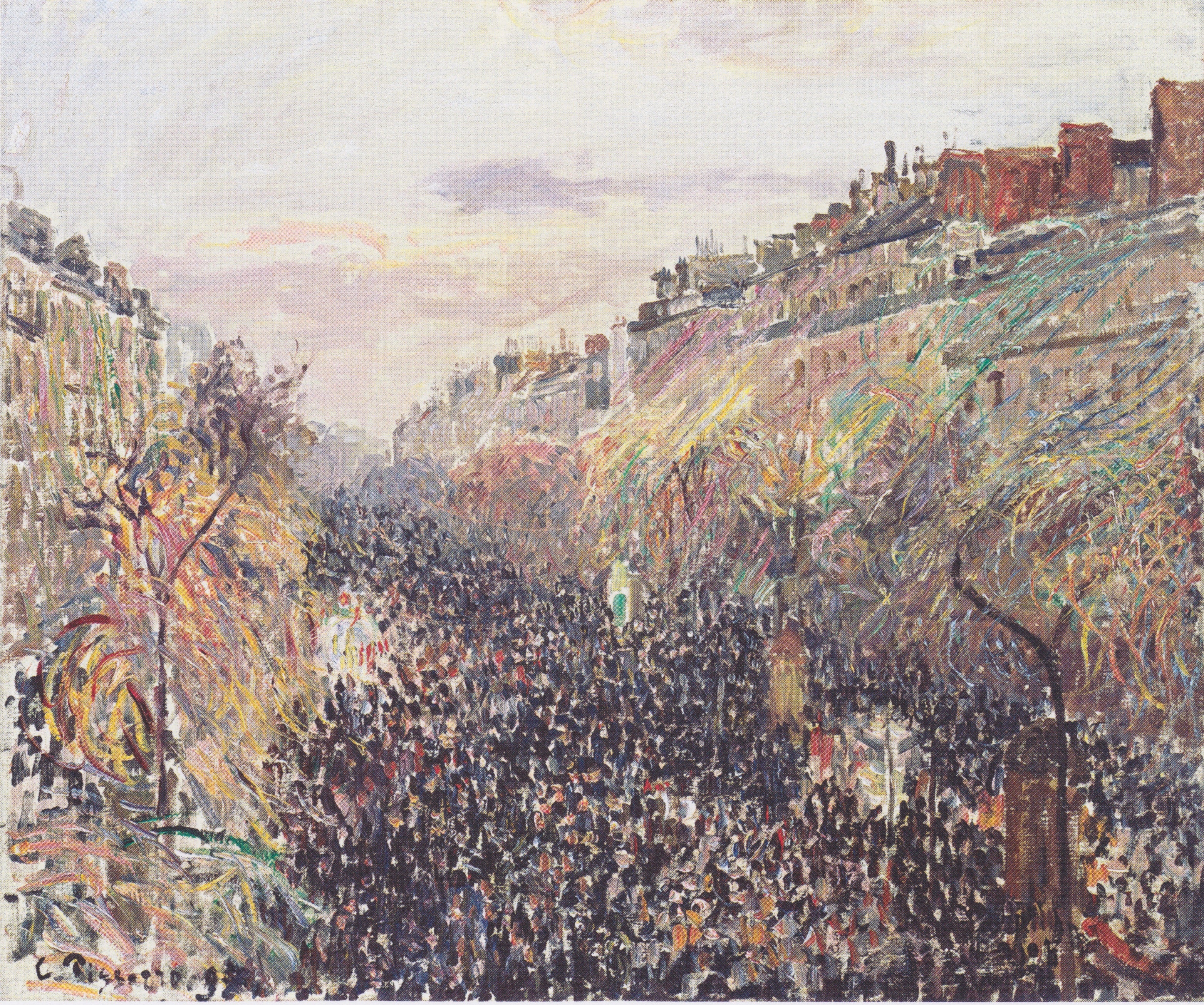 Reproduction du tableau « Boulevard Montmartre, Mardi Gras, au coucher du soleil - Camille Pissarro » par Alpha Reproduction en peinture à l’huile