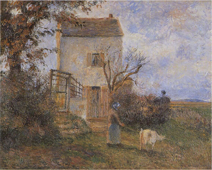 Reproduction du tableau « Paysanne et chèvre devant une maison, environs de Pontoise - Camille Pissarro » par Alpha Reproduction en peinture à l’huile