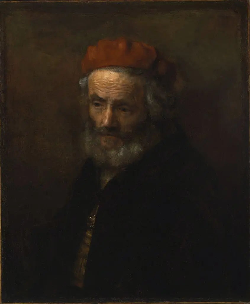 Reproduction du tableau « Buste d'un vieil homme portant un chapeau rouge - Rembrandt » par Alpha Reproduction en peinture à l’huile
