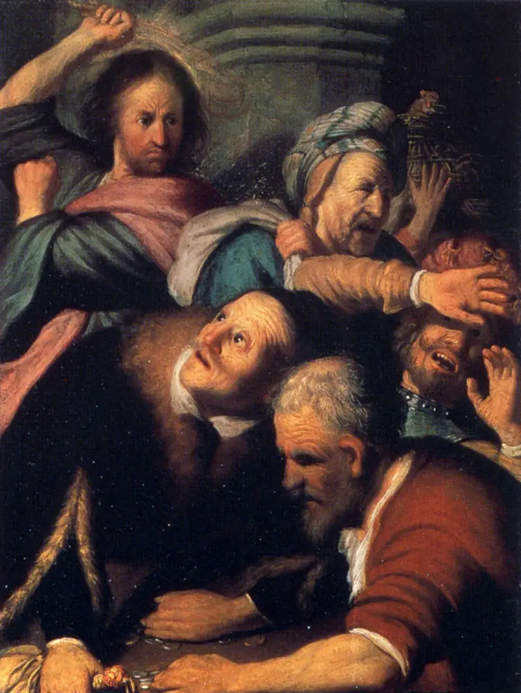 Reproduction du tableau « Jésus-Christ chasse les changeurs du temple - Rembrandt » par Alpha Reproduction en peinture à l’huile